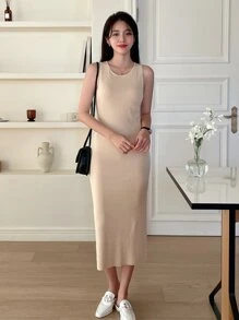 DAZY Vestido de punto unicolor tejido de canalé sin manga - Albaricoque - Ver 1