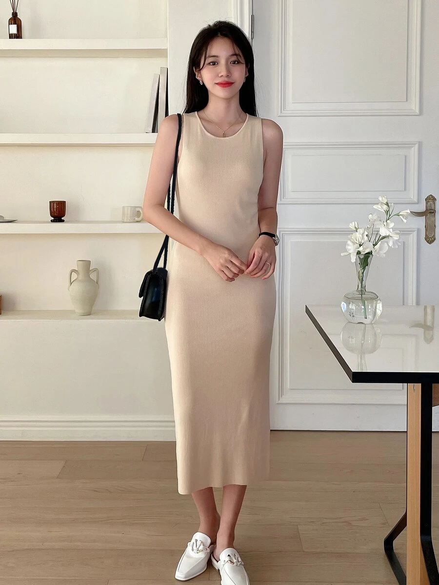 DAZY Vestido de punto unicolor tejido de canalé sin manga - Albaricoque - Ver 1