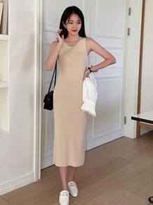 DAZY Vestido de punto unicolor tejido de canalé sin manga - Albaricoque - Ver 3