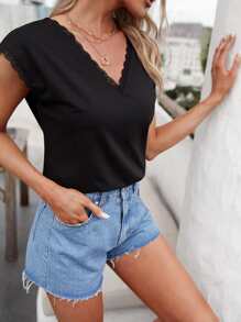 SHEIN Frenchy Áo thun nữ Tương phản ren màu trơn Giải trí - màu đen - Xem 1