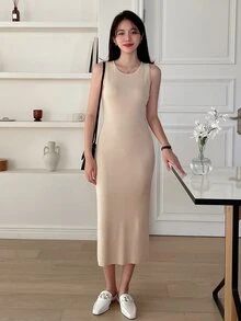 DAZY Vestido de punto unicolor tejido de canalé sin manga - Albaricoque - Ver 8