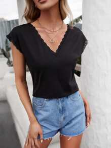 SHEIN Frenchy Áo thun nữ Tương phản ren màu trơn Giải trí - màu đen - Xem 2