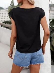 SHEIN Frenchy Áo thun nữ Tương phản ren màu trơn Giải trí - màu đen - Xem 5