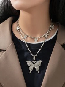 ROMWE 2pcs Rhinestone Decor Butterfly Design Necklace