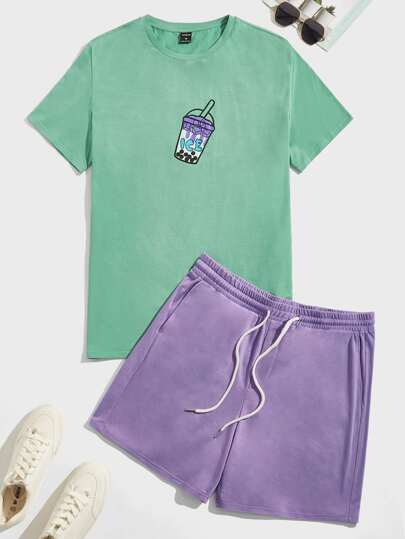 Camiseta de manga corta con estampado de bebida y pantalones cortos con cordón en la cintura para hombres, de estilo vintage, para amigos