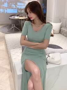 DAZY V Neck Split Thigh Dress - Green - View 3