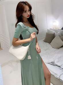 DAZY V Neck Split Thigh Dress - Green - View 6