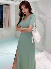 DAZY V Neck Split Thigh Dress - Green - View 8