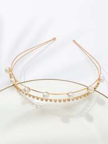 水鑽和人造珍珠裝飾髮箍 - 金色 - 查看 3