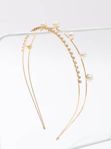 水鑽和人造珍珠裝飾髮箍 - 金色 - 查看 5