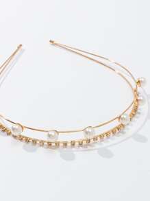 水鑽和人造珍珠裝飾髮箍 - 金色 - 查看 4