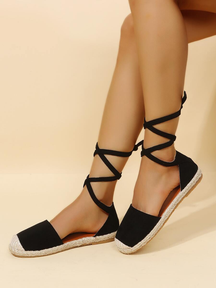 Tie Leg Design Espadrille Flats - Black - View 1