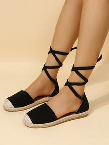 Tie Leg Design Espadrille Flats - Black - View 3