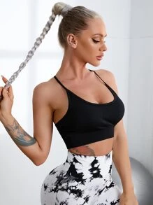 Medium Support  Seamless Crisscross Back Sports Bra - Black - View 3