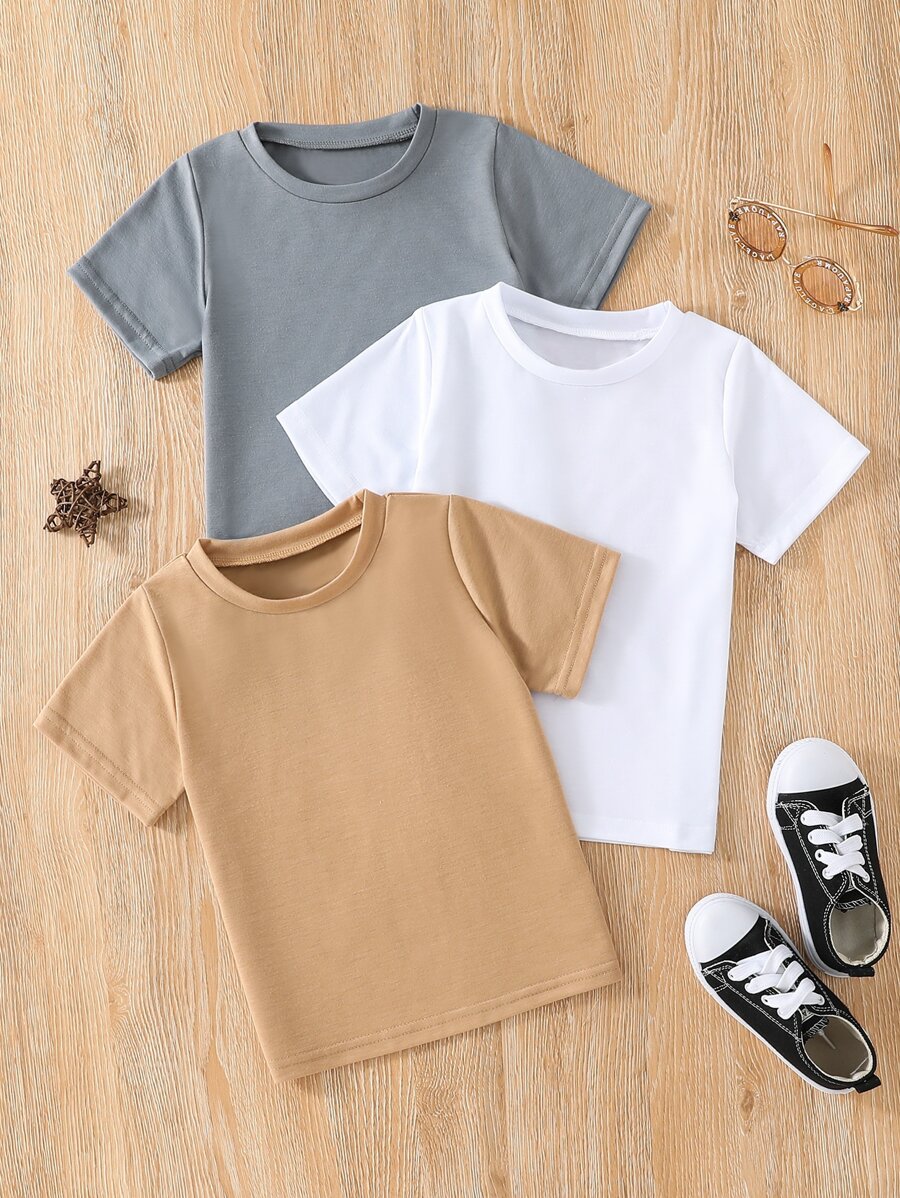 SHEIN Young Boy 3pcs Solid Round Neck Tee - Multicolor - View 1