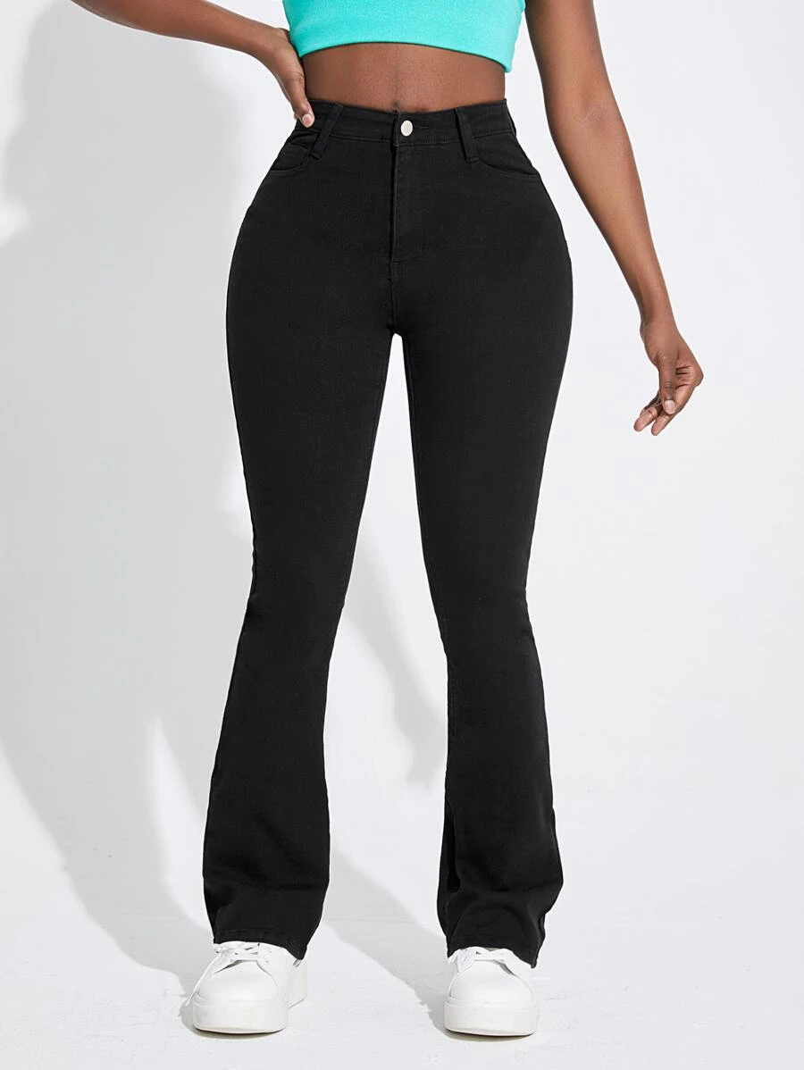 Slaydiva 斜口袋牛仔喇叭褲 - 黑色 - 查看 1