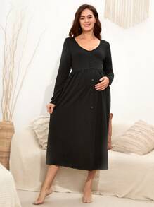 SHEIN Maternity Button Front Night Dress - Black - View 3