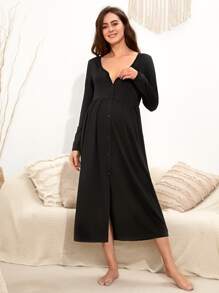 SHEIN Maternity Button Front Night Dress - Black - View 4