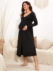 SHEIN Maternity Button Front Night Dress - Black - View 5