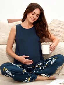 SHEIN Maternity Tank Top & Floral Print Adjustable Waist Trousers PJ Set - Navy Blue - View 1