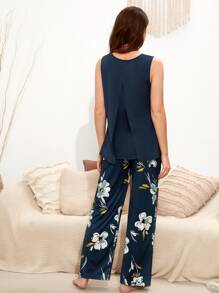 SHEIN Maternity Tank Top & Floral Print Adjustable Waist Trousers PJ Set - Navy Blue - View 2