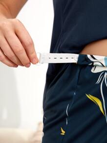 SHEIN Maternity Tank Top & Floral Print Adjustable Waist Trousers PJ Set - Navy Blue - View 5