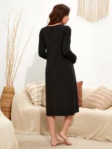 SHEIN Maternity Lace Insert Fake Button Nightdress - Black - View 2