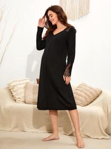 SHEIN Maternity Lace Insert Fake Button Nightdress - Black - View 3
