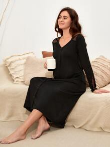 SHEIN Maternity Lace Insert Fake Button Nightdress - Black - View 6