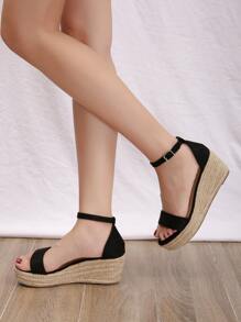 女士極簡坡跟仿麂皮踝帶度假涼鞋 - 黑色 - 查看 2