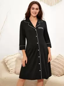 SHEIN 孕妇字母刺绣撞色滚边睡裙，适合妈妈们在秋季和冬季穿着。 - 黑色 - 查看 5