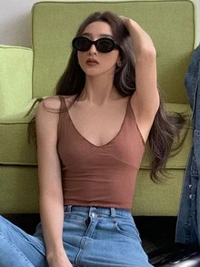 Solid Crop Cami Top - Brown - View 3