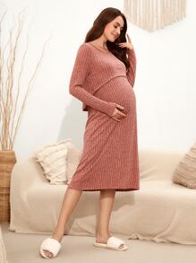 SHEIN Maternity Nursing Lounge Dress - Redwood - View 6