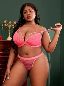 Set de lencería neón rosado con encaje con abertura - Rosa - Ver 4