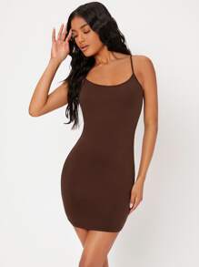 SHEIN BASICS Đầm màu trơn Giải trí - Màu nâu Sô-cô-la - Xem 3