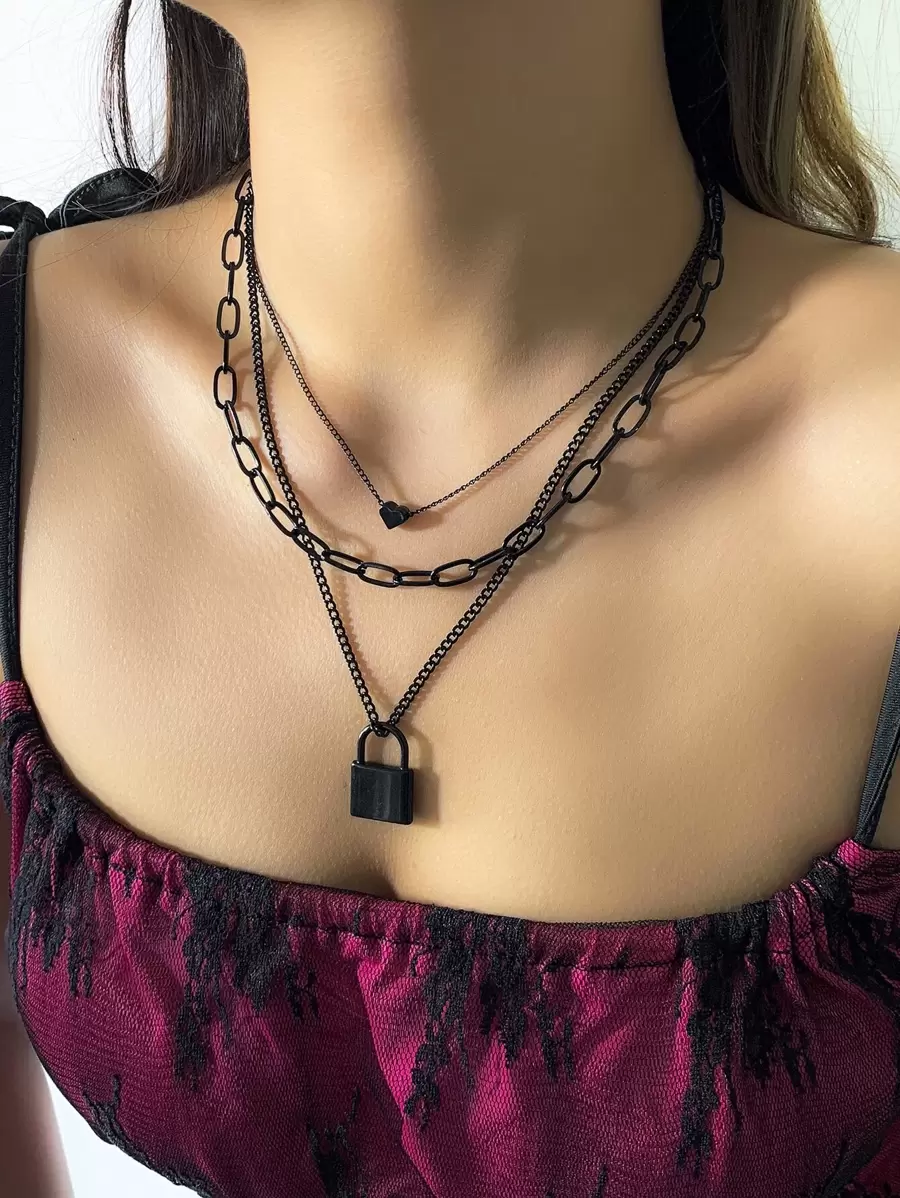 Dây chuyền mặt khóa và trái tim nhiều lớp Valentine, Mẹ, Mẹ, Ngày của Mẹ, Quà tặng - màu đen - Xem 1