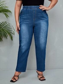 EMERY ROSE Plus Elastic Waist Mom Fit Jeans - Dark Wash - View 1