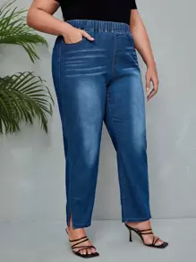 EMERY ROSE Plus Elastic Waist Mom Fit Jeans - Dark Wash - View 3