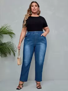 EMERY ROSE Plus Elastic Waist Mom Fit Jeans - Dark Wash - View 4