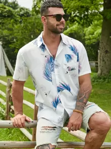 Manfinity Men Plus Crane And Tropical Print Button Up Shirt - White - View 1