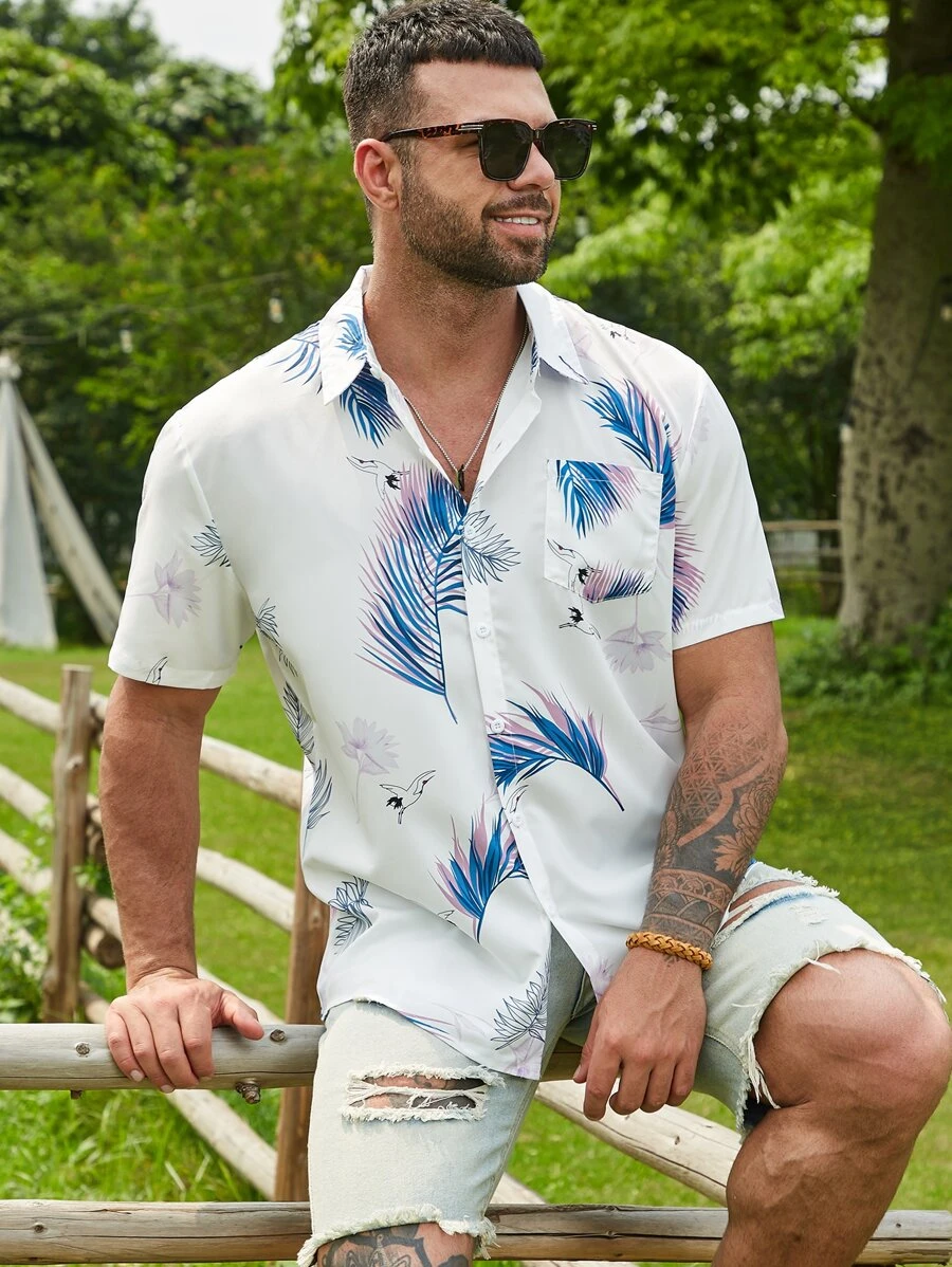 Manfinity Men Plus Crane And Tropical Print Button Up Shirt - White - View 1