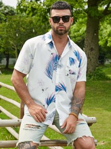 Manfinity Men Plus Crane And Tropical Print Button Up Shirt - White - View 3