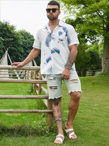 Manfinity Men Plus Crane And Tropical Print Button Up Shirt - White - View 4