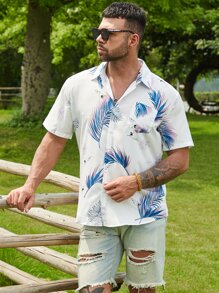 Manfinity Men Plus Crane And Tropical Print Button Up Shirt - White - View 5