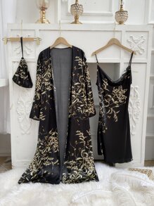 3pcs Floral Print Belted Satin PJ Set - Multicolor - View 1