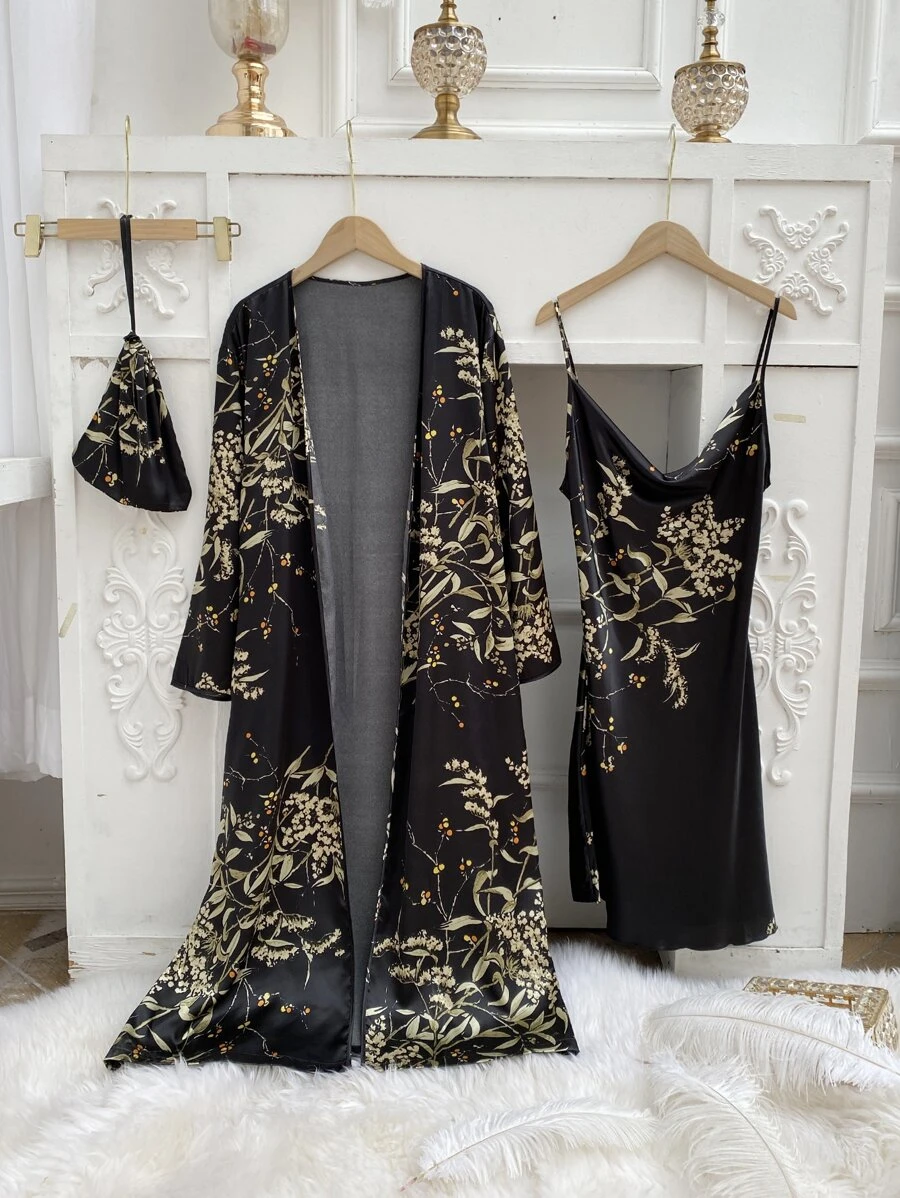 3pcs Floral Print Belted Satin PJ Set - Multicolor - View 1