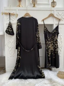 3pcs Floral Print Belted Satin PJ Set - Multicolor - View 2