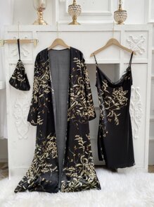 3pcs Floral Print Belted Satin PJ Set - Multicolor - View 4