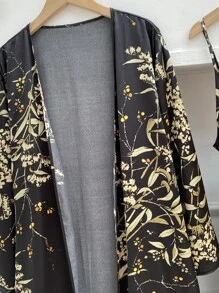 3pcs Floral Print Belted Satin PJ Set - Multicolor - View 5