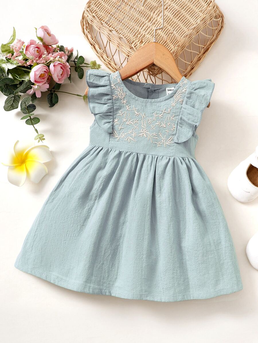 SHEIN Baby Girl Plants Embroidery Ruffle Trim Dress - Dusty Blue - View 1